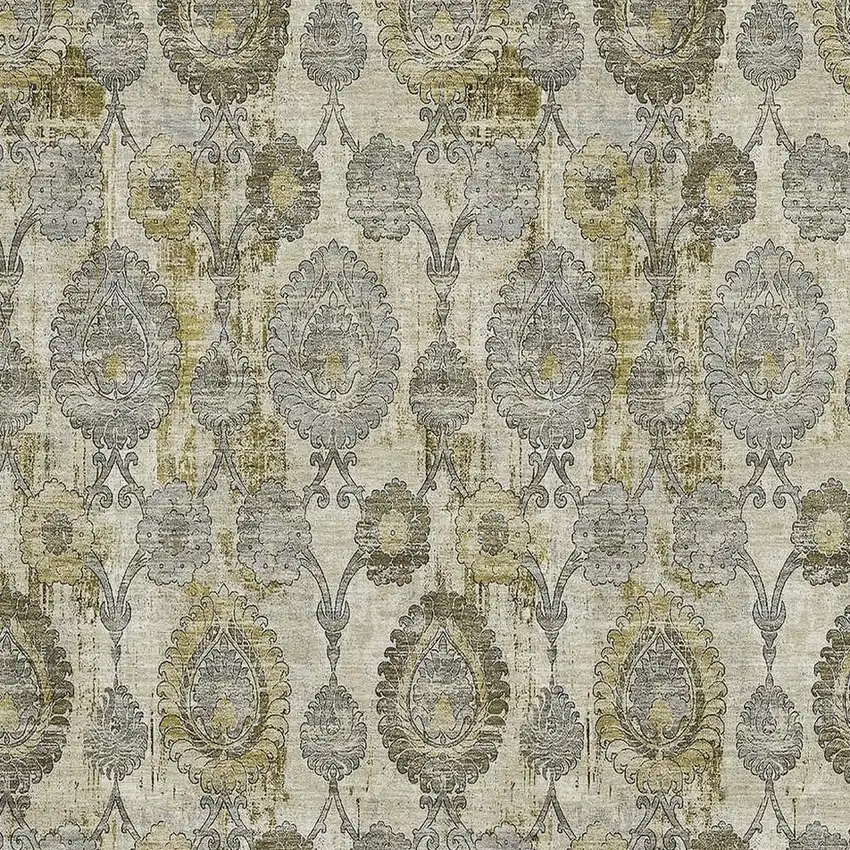 Khaki And Gray Damask Washable Area Rug With UV Protection Photo 3