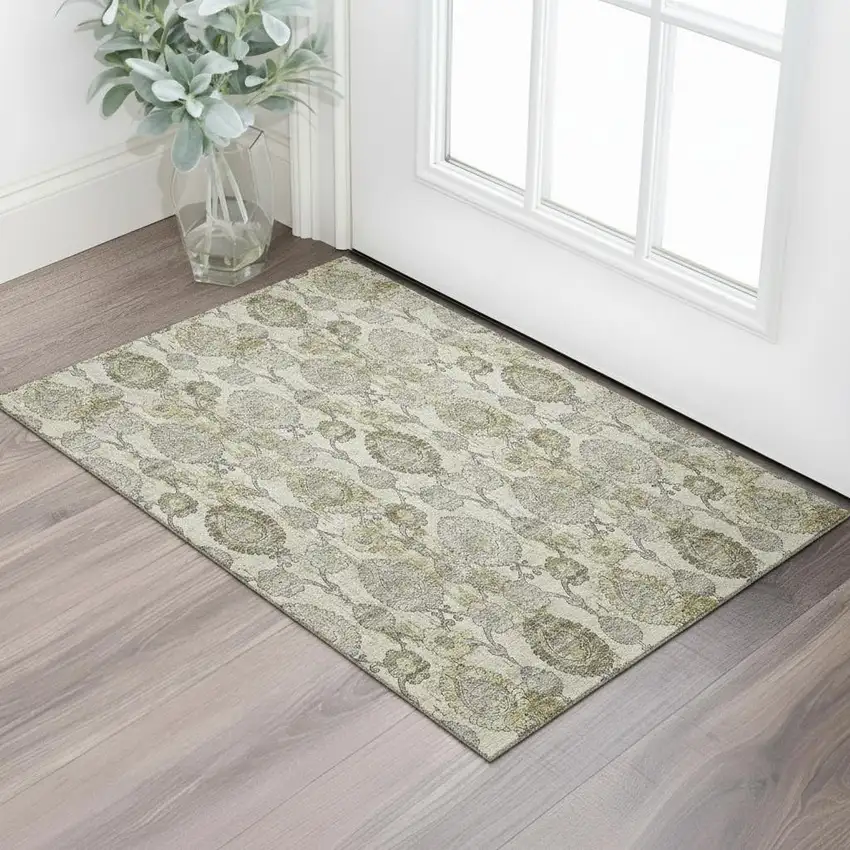 Khaki And Gray Damask Washable Area Rug With UV Protection Photo 2