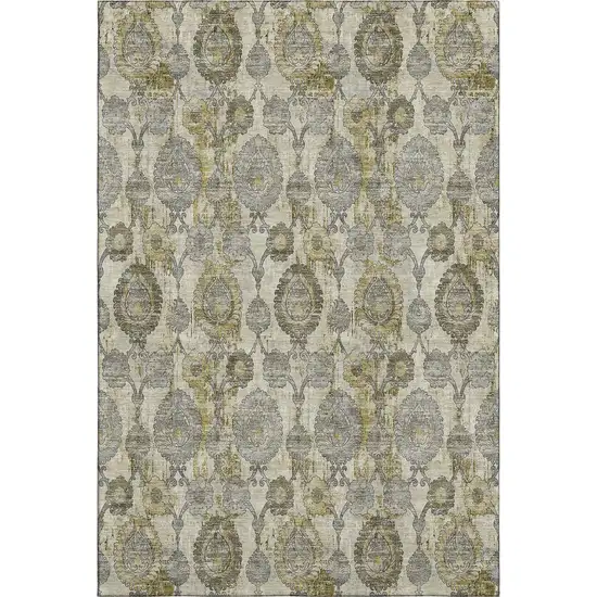Khaki And Gray Damask Washable Area Rug With UV Protection Photo 1