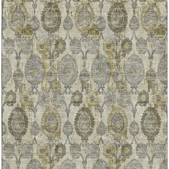 Khaki And Gray Damask Washable Area Rug With UV Protection Photo 4