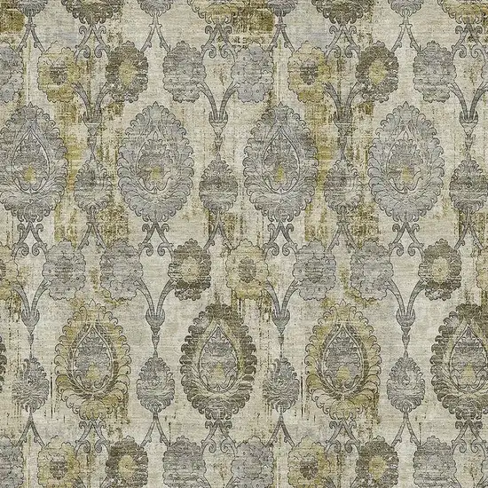 Khaki And Gray Damask Washable Area Rug With UV Protection Photo 3