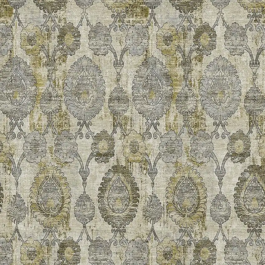Khaki And Gray Damask Washable Area Rug With UV Protection Photo 3