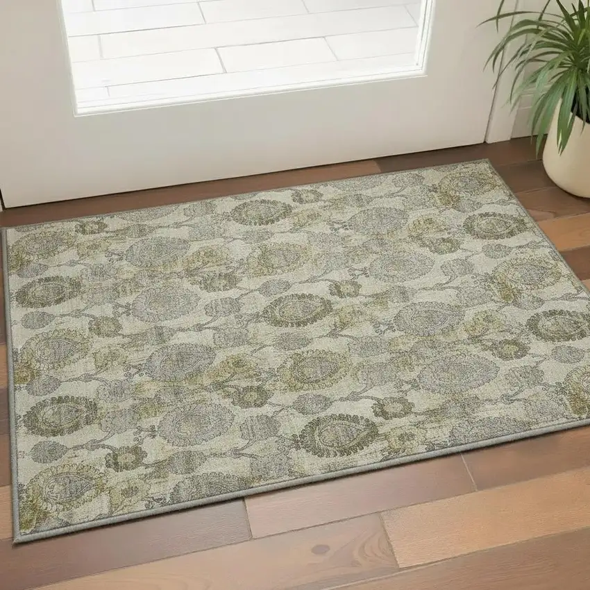 Khaki And Gray Damask Washable Area Rug With UV Protection Photo 2