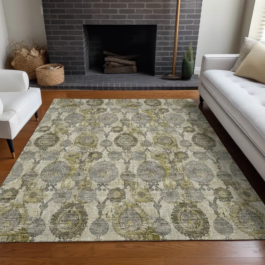 Khaki And Gray Damask Washable Area Rug With UV Protection Photo 5