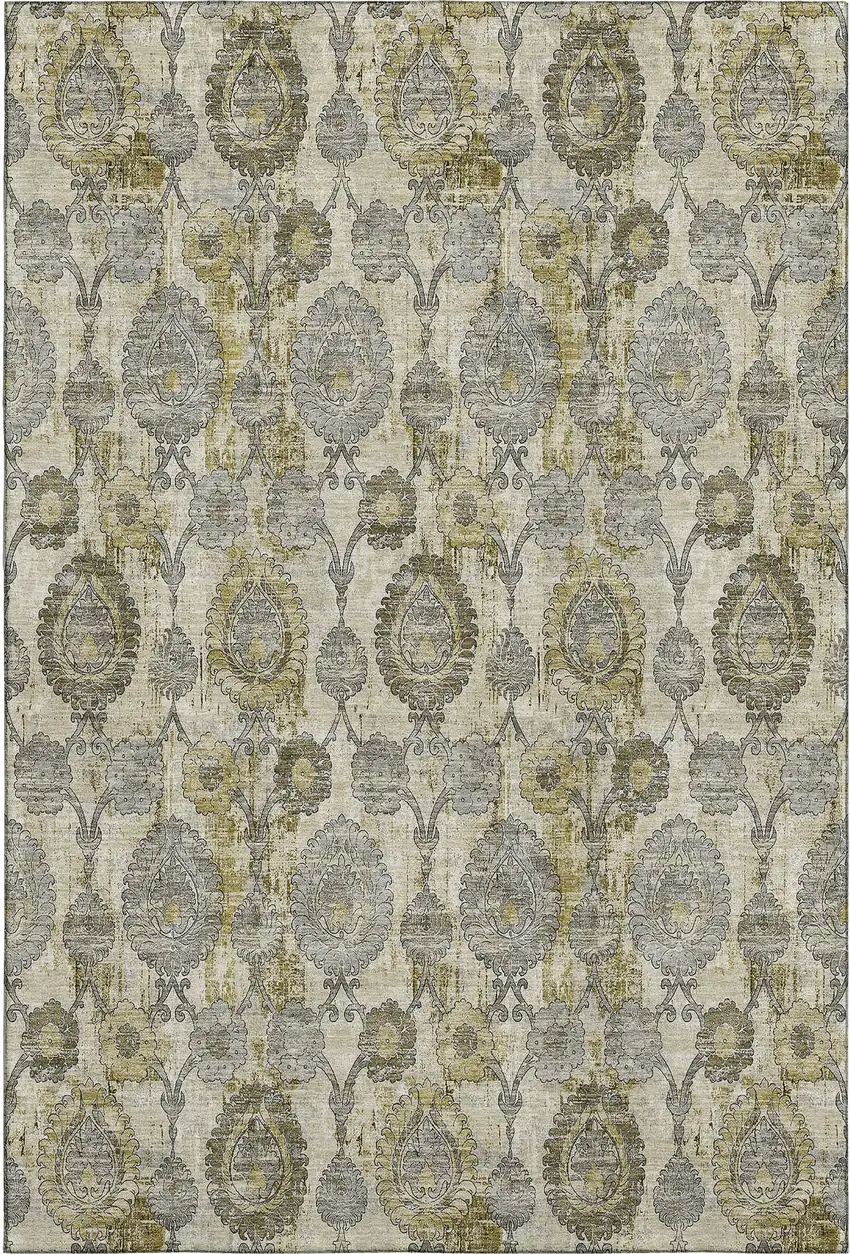 Khaki And Gray Damask Washable Area Rug With UV Protection Photo 1