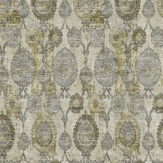 Khaki And Gray Damask Washable Area Rug With UV Protection Photo 3