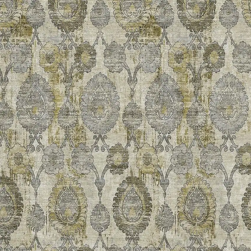 Khaki And Gray Damask Washable Area Rug With UV Protection Photo 3