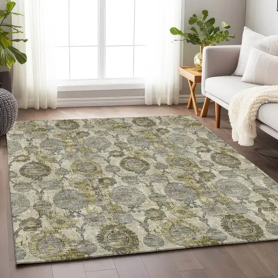 Khaki And Gray Damask Washable Area Rug With UV Protection Photo 6
