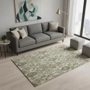 Photo of Khaki And Gray Damask Washable Area Rug With UV Protection