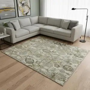 Photo of Khaki And Gray Damask Washable Area Rug With UV Protection