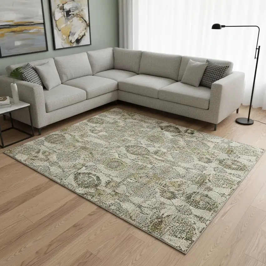 Khaki And Gray Damask Washable Area Rug With UV Protection Photo 2
