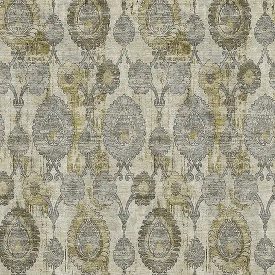 Khaki And Gray Damask Washable Area Rug With UV Protection Photo 3