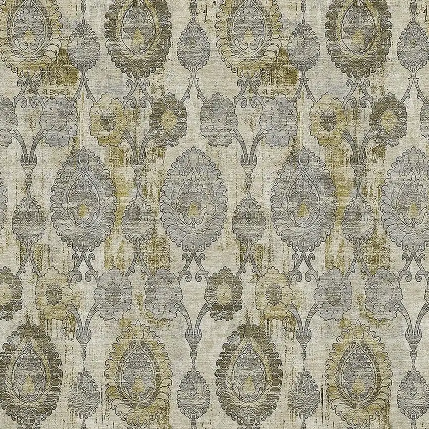 Khaki And Gray Damask Washable Area Rug With UV Protection Photo 3