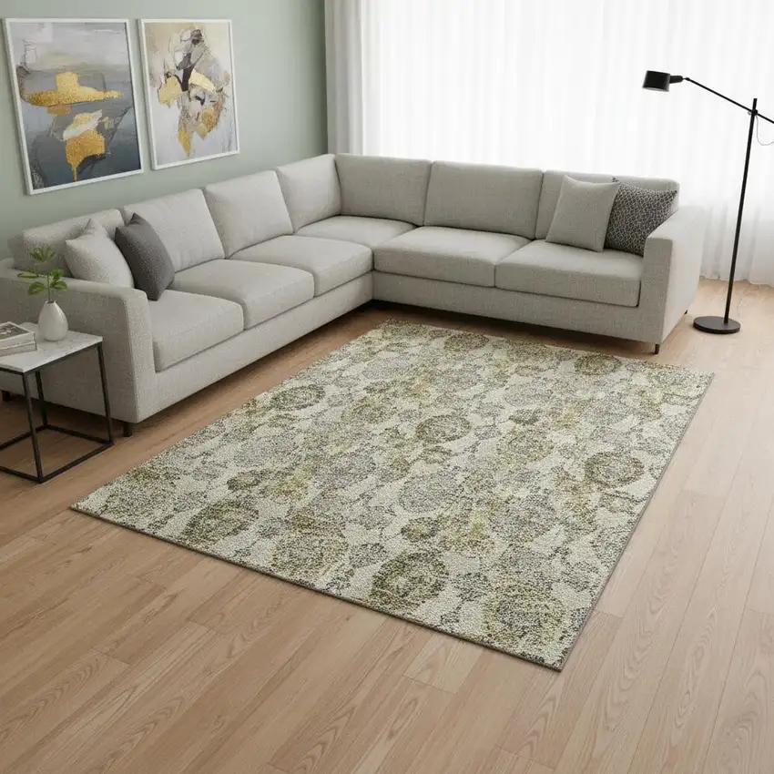 Khaki And Gray Damask Washable Area Rug With UV Protection Photo 2