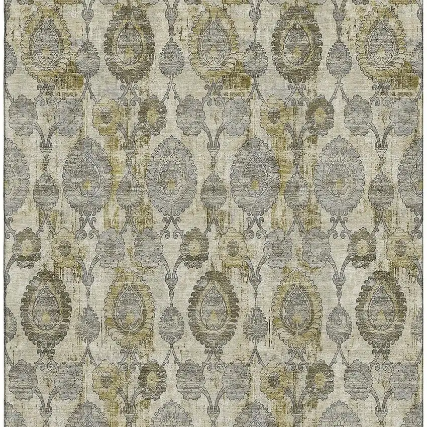 Khaki And Gray Damask Washable Area Rug With UV Protection Photo 4