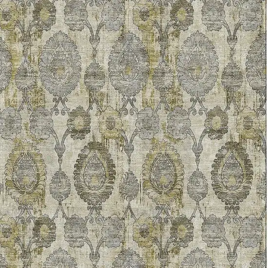 Khaki And Gray Damask Washable Area Rug With UV Protection Photo 3