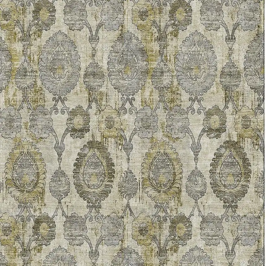 Khaki And Gray Damask Washable Area Rug With UV Protection Photo 3