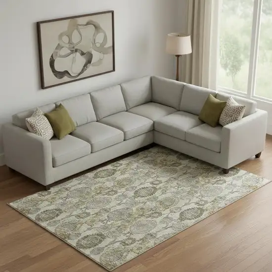 Khaki And Gray Damask Washable Area Rug With UV Protection Photo 1