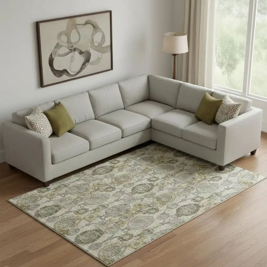 Khaki And Gray Damask Washable Area Rug With UV Protection Photo 1
