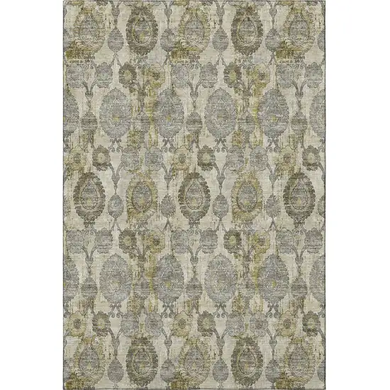 Khaki And Gray Damask Washable Area Rug With UV Protection Photo 4