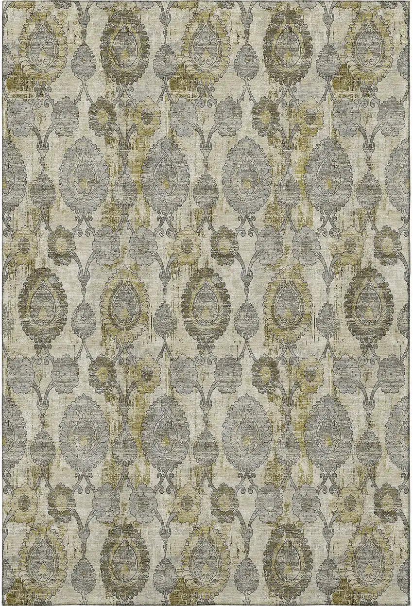 Khaki And Gray Damask Washable Area Rug With UV Protection Photo 4