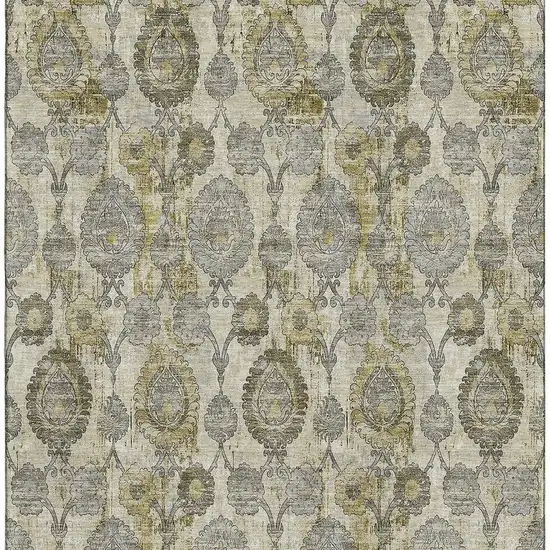 Khaki And Gray Damask Washable Area Rug With UV Protection Photo 3