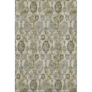 Photo of Khaki And Gray Damask Washable Area Rug With UV Protection