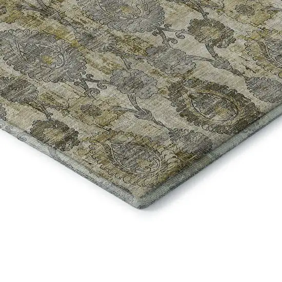 Khaki And Gray Damask Washable Area Rug With UV Protection Photo 8