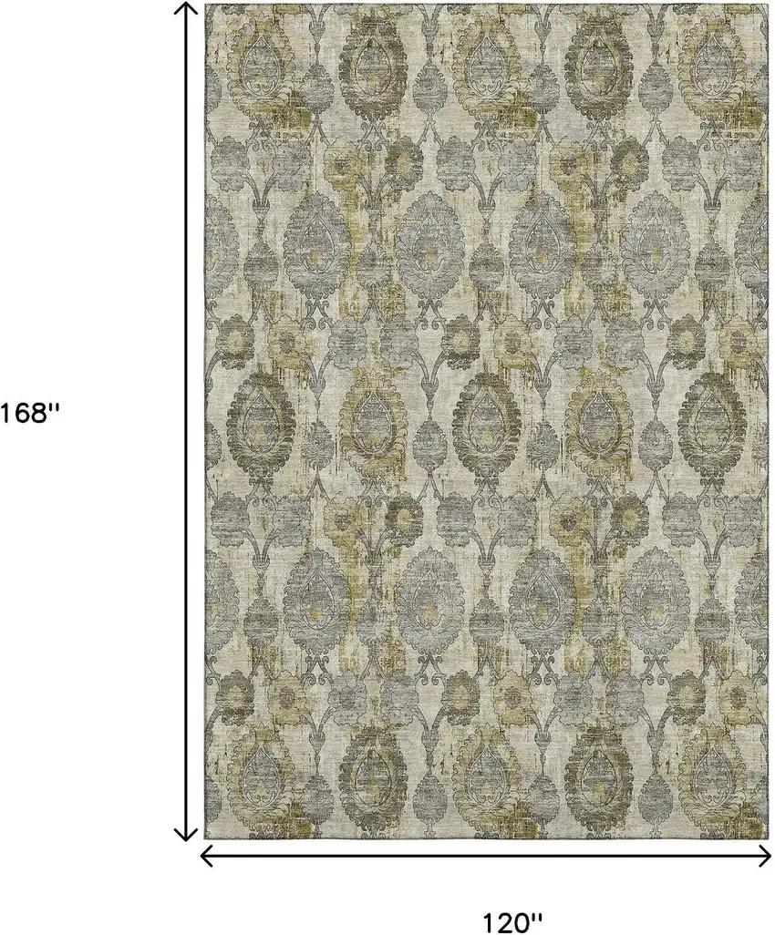 Khaki And Gray Damask Washable Area Rug With UV Protection Photo 3