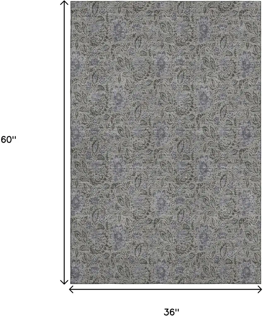Khaki And Gray Floral Washable Area Rug With UV Protection Photo 5
