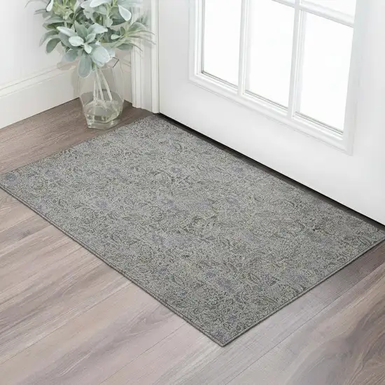 Khaki And Gray Floral Washable Area Rug With UV Protection Photo 1