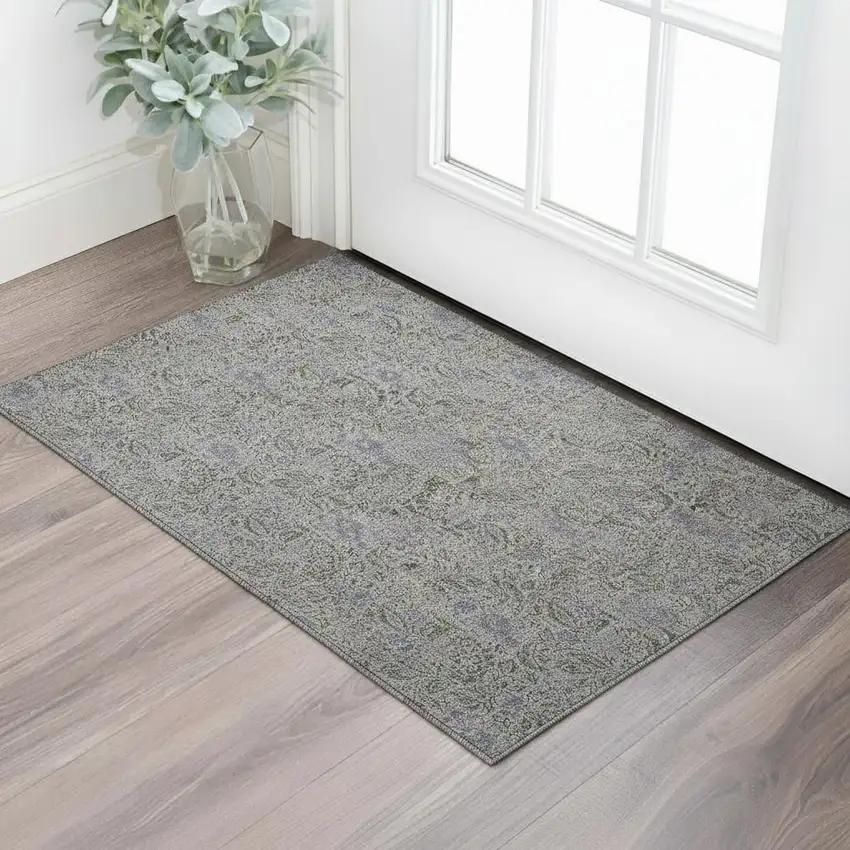 Khaki And Gray Floral Washable Area Rug With UV Protection Photo 1