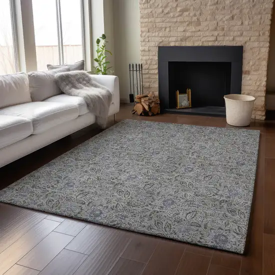 Khaki And Gray Floral Washable Area Rug With UV Protection Photo 4