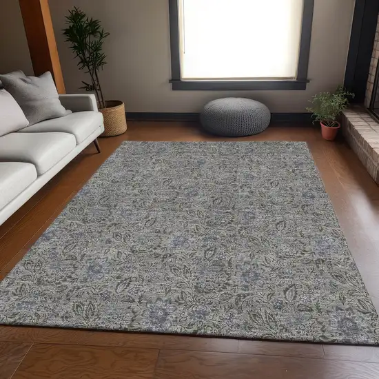 Khaki And Gray Floral Washable Area Rug With UV Protection Photo 5
