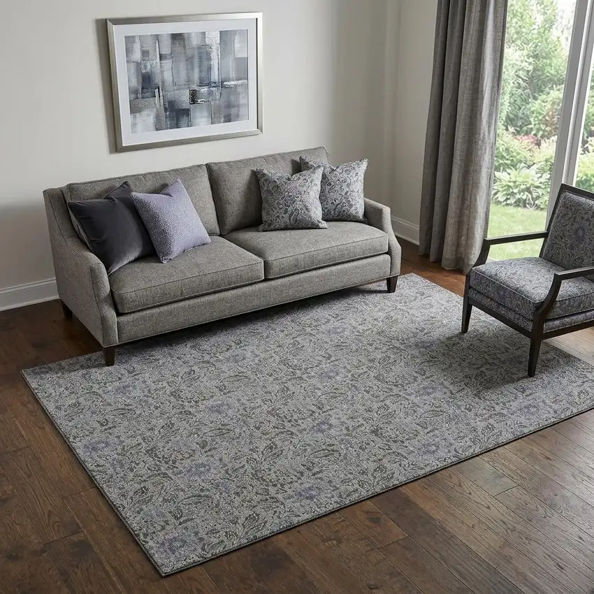 Khaki And Gray Floral Washable Area Rug With UV Protection Photo 1