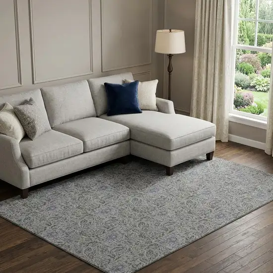 Khaki And Gray Floral Washable Area Rug With UV Protection Photo 1