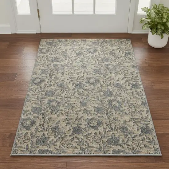 Khaki And Gray Floral Washable Area Rug With UV Protection Photo 2