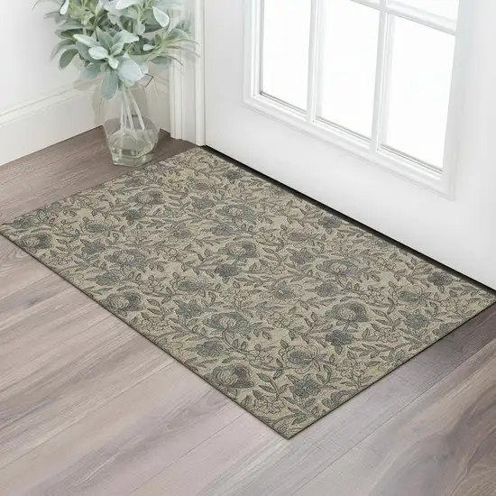 Khaki And Gray Floral Washable Area Rug With UV Protection Photo 1
