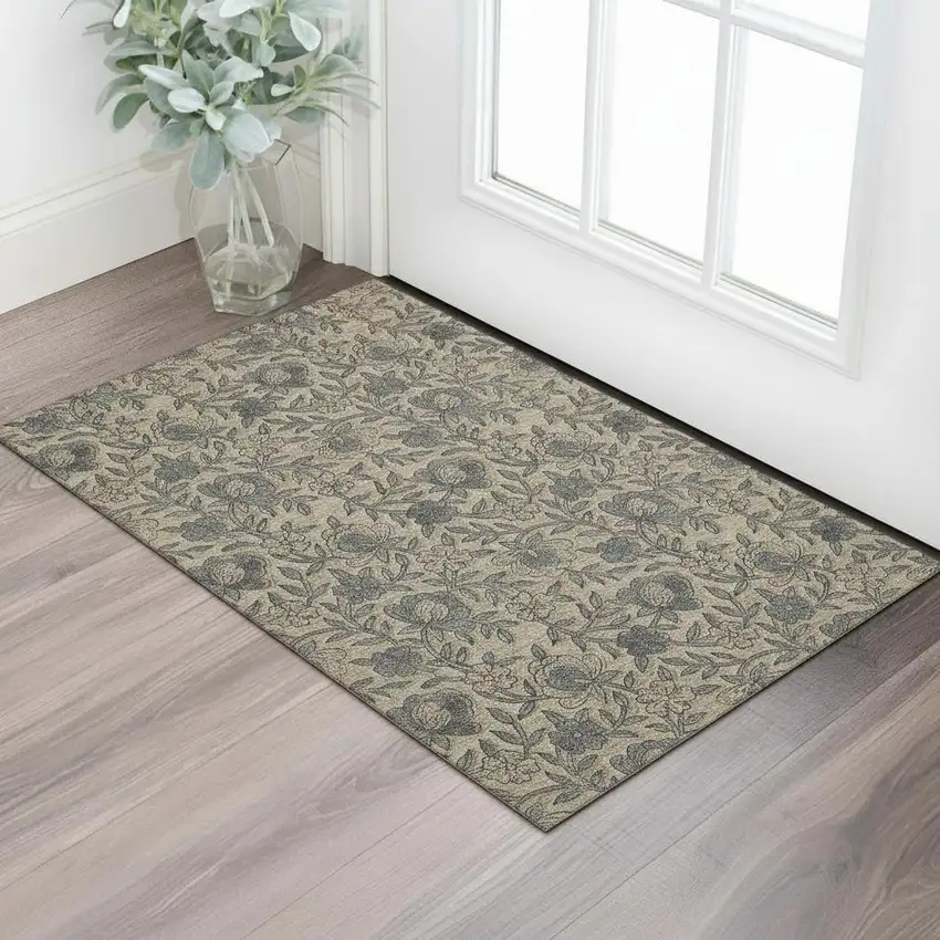 Khaki And Gray Floral Washable Area Rug With UV Protection Photo 1