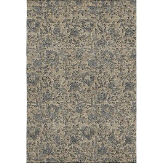 Khaki And Gray Floral Washable Area Rug With UV Protection Photo 1