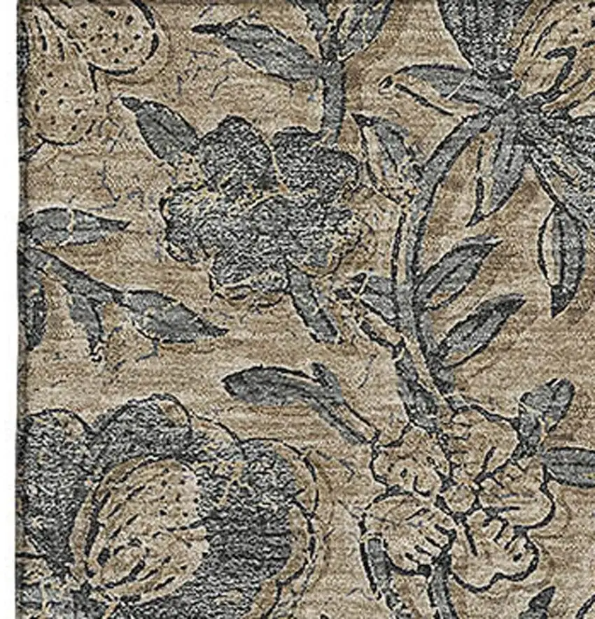 Khaki And Gray Floral Washable Area Rug With UV Protection Photo 4