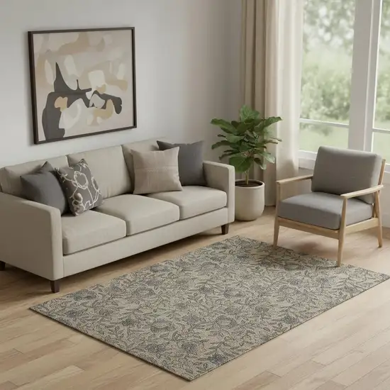 Khaki And Gray Floral Washable Area Rug With UV Protection Photo 1