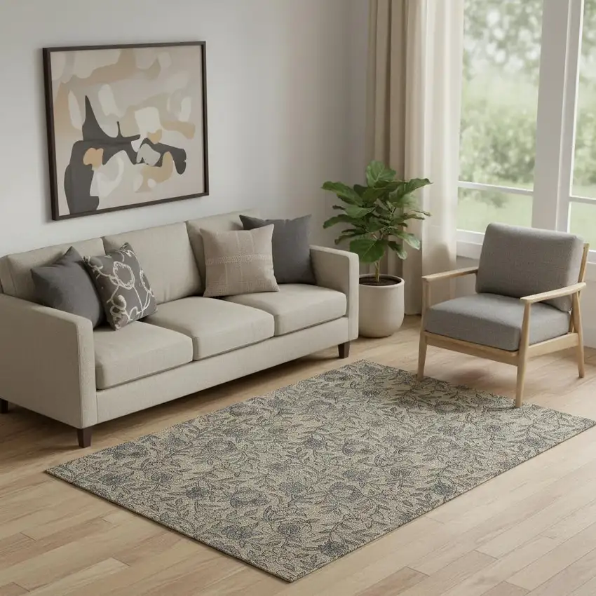 Khaki And Gray Floral Washable Area Rug With UV Protection Photo 1