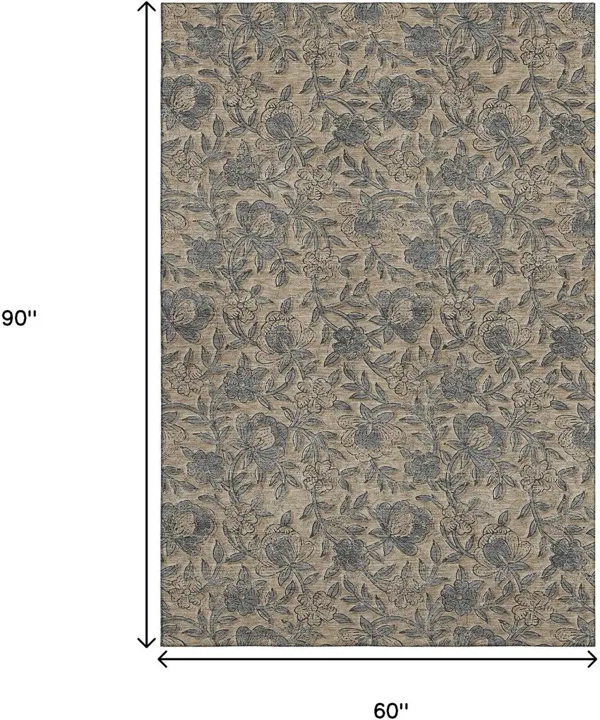 Khaki And Gray Floral Washable Area Rug With UV Protection Photo 3