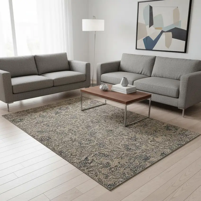 Khaki And Gray Floral Washable Area Rug With UV Protection Photo 2