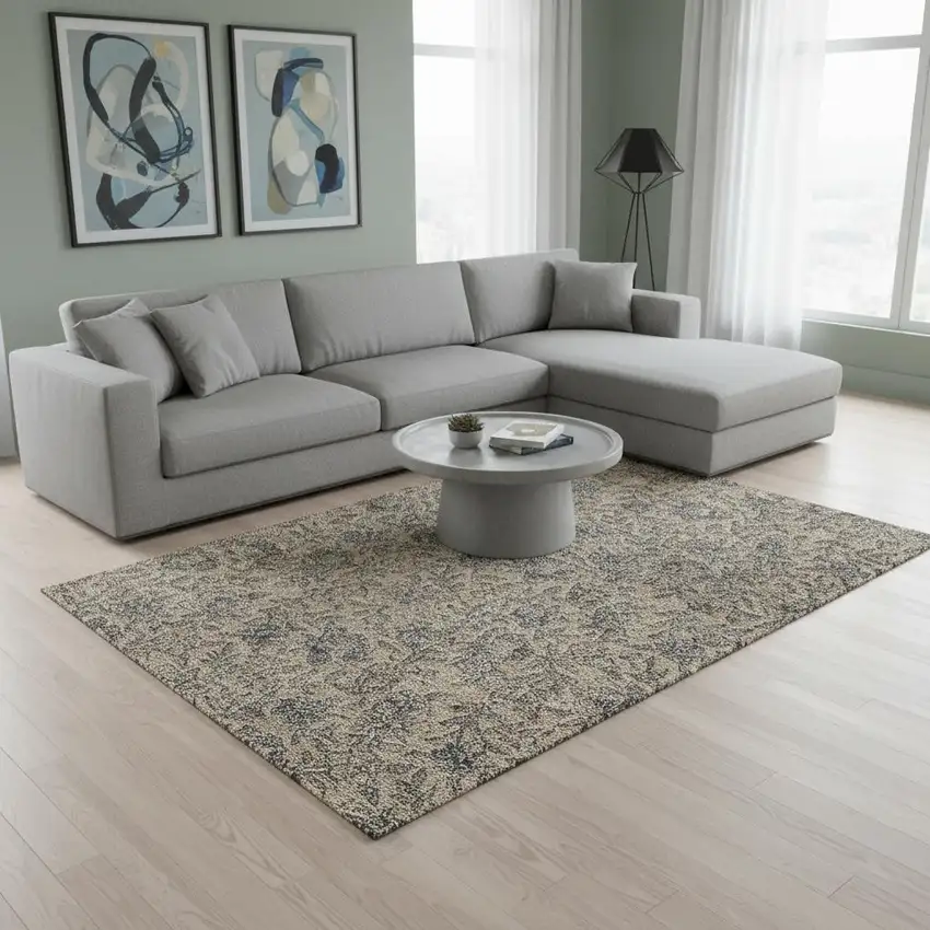 Khaki And Gray Floral Washable Area Rug With UV Protection Photo 2