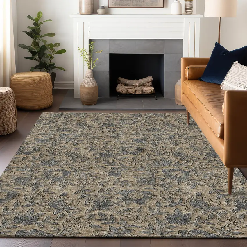 Khaki And Gray Floral Washable Area Rug With UV Protection Photo 5