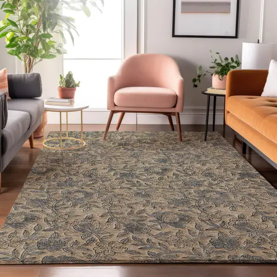 Khaki And Gray Floral Washable Area Rug With UV Protection Photo 4