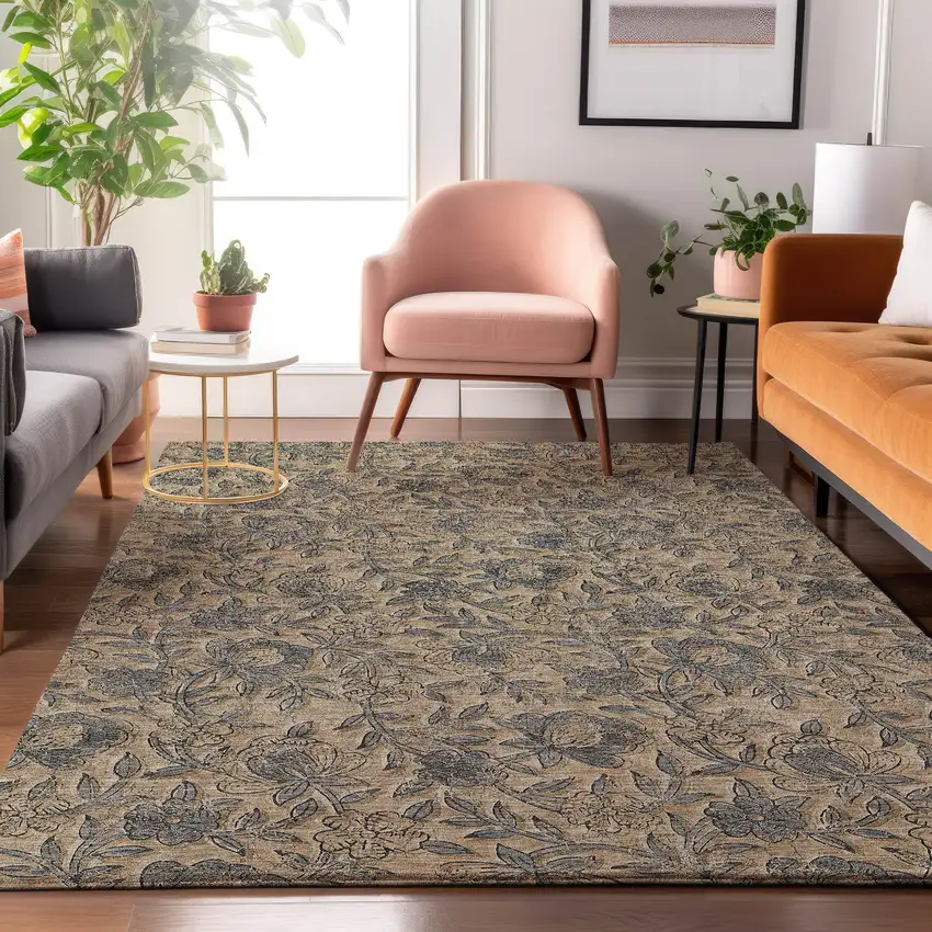 Khaki And Gray Floral Washable Area Rug With UV Protection Photo 4