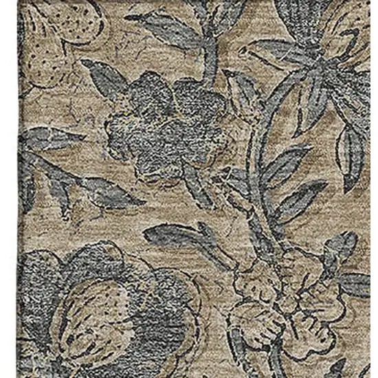 Khaki And Gray Floral Washable Area Rug With UV Protection Photo 3